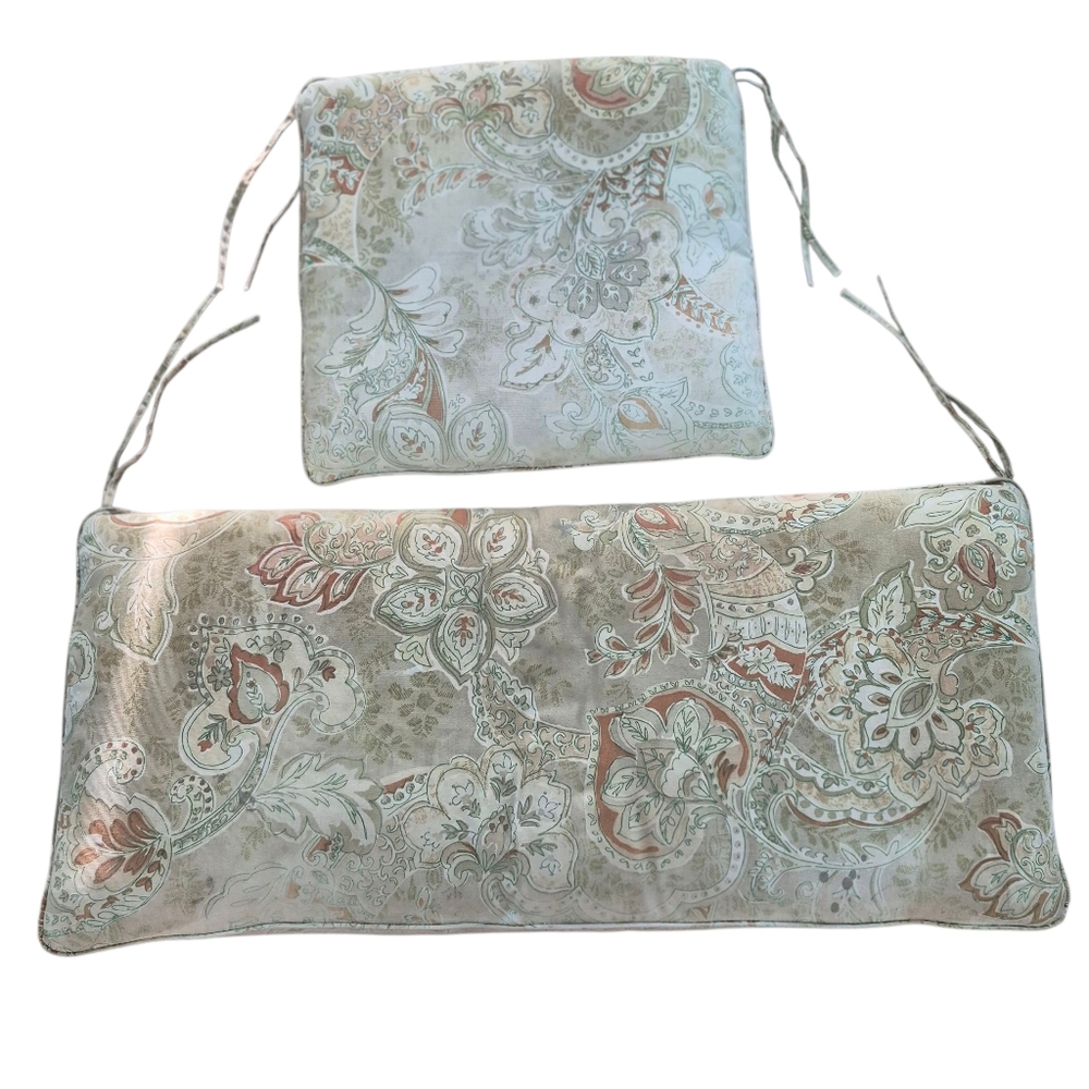 Indoor Outdoor Patio Bench/Chair Matching Floral Set Olive Tan Cushions  Used.